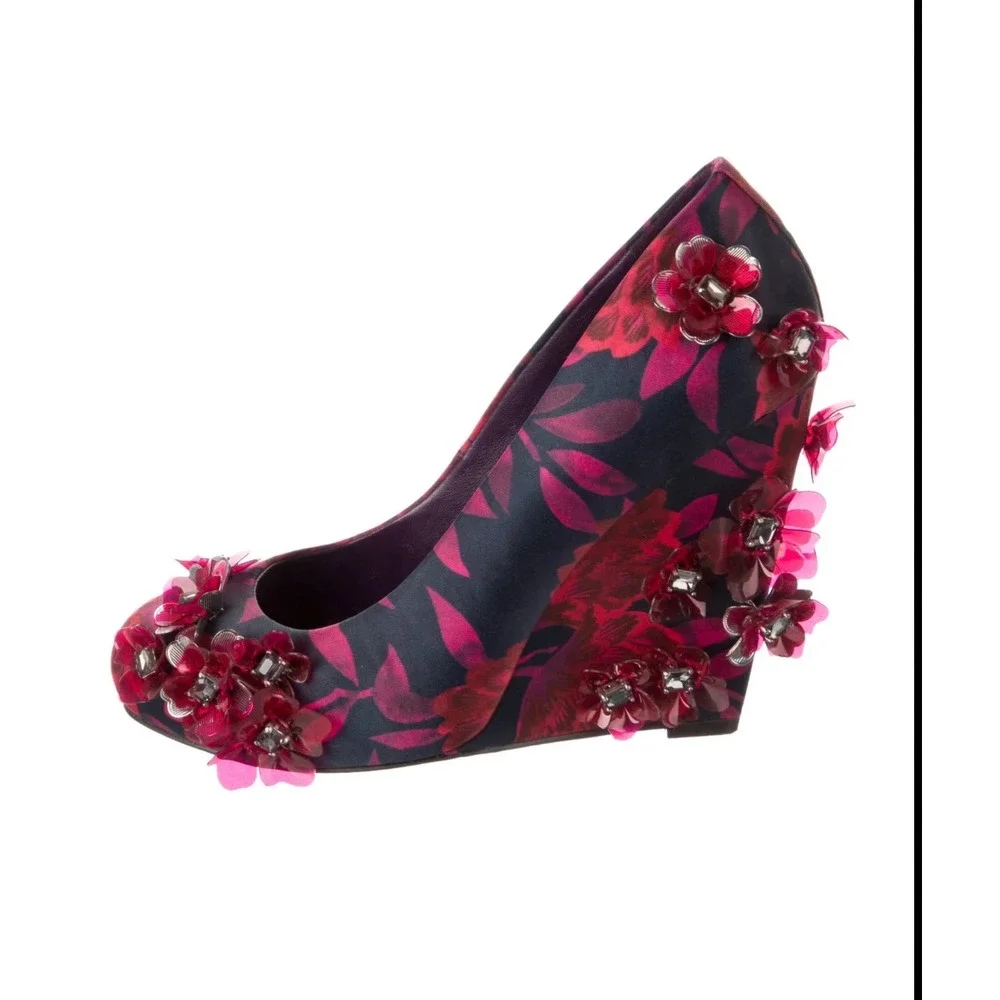 Tory Burch Floral Satin Elmira Wedge Heels‎ Red Navy Flower Embellished Size 7M